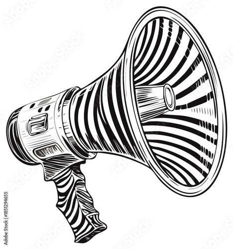 Stylish megaphone in black and white, drawing of vintage bullhorn for communication and announcement concept.