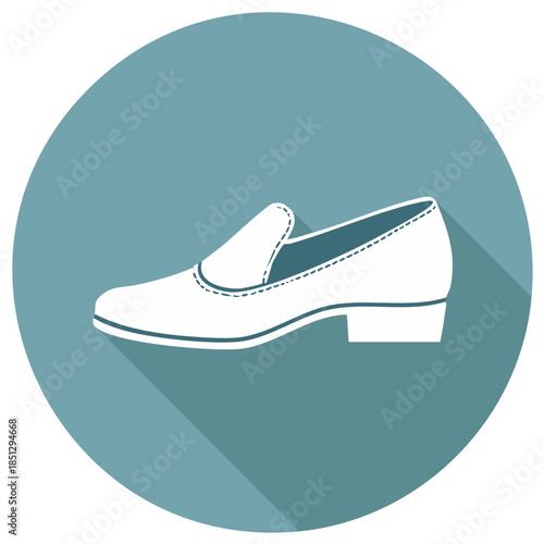 Classic white loafer shoe with stitching detail cast a long shadow on a blue circular background
