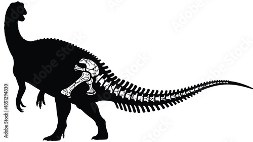 Black and white silhouette of a dinosaur with visible skeleton inside