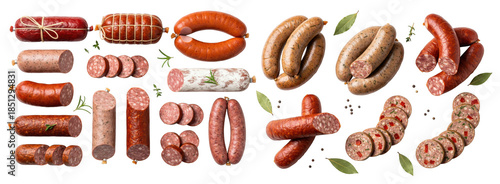 Variety of artisanal meat sausages featuring links and sliced pieces on a transparent background highlighting raw textures, top view, png