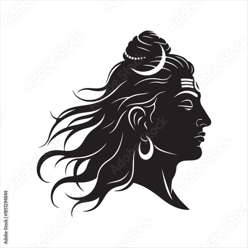 Silhouette Portrait of Hindu God Shiva with Serpent and Necklace Vector