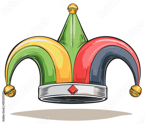 Colorful Jester Hat with Bells, Cartoon Illustration