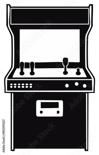 Vintage upright arcade game cabinet silhouette with joysticks and buttons