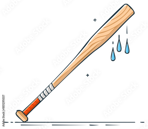 Clean wooden baseball bat sports equipment with falling water drops cartoon illustration