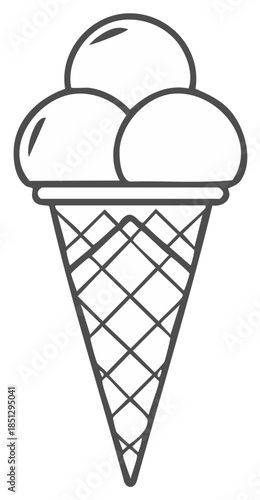 Minimalist line art illustration of a three scoop ice cream cone. Simple dessert icon or coloring book element.