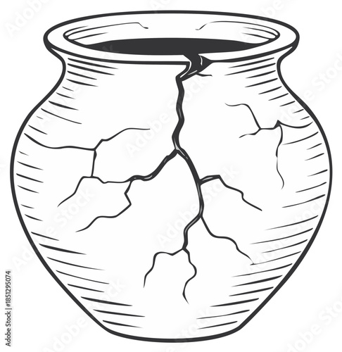 Cracked Pottery Illustration of Ancient Urn with Visible Damage and Distressed Lines