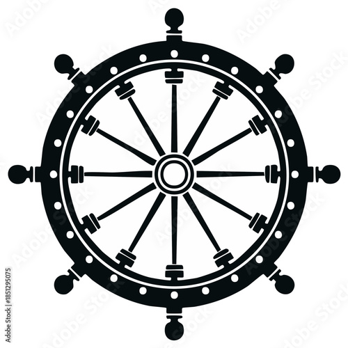 Classic Ship's Wheel Isolated Black Silhouette Navigational Equipment Steerage Control Symbol
