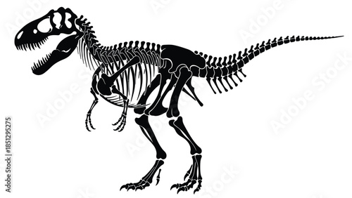 Black silhouette of a dinosaur skeleton with sharp teeth and long tail