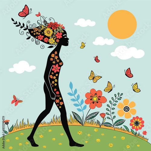 Vector illustration woman working on laptop at desk with bookshelf and plant nearby