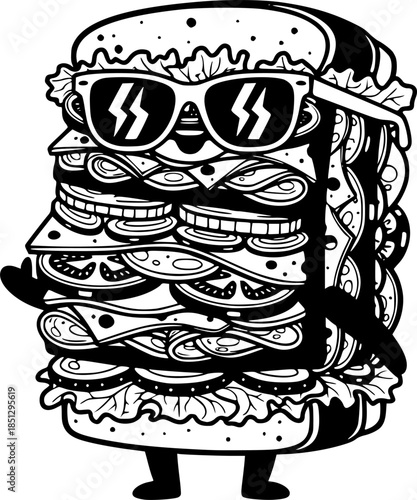 Delicious massive sandwich character wearing stylish retro sunglasses vector silhouette isolated on white background
