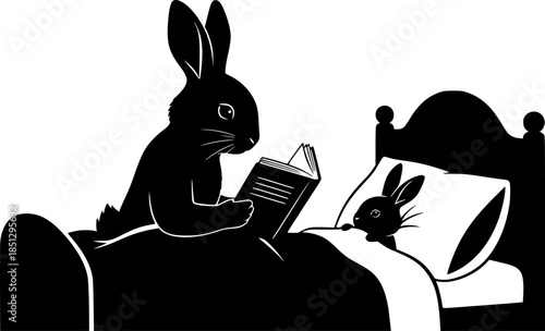 Mother rabbit reading a bedtime story to a baby bunny in a cozy bed vector silhouette isolated on white background

