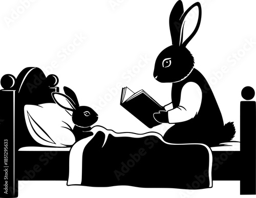 Mother rabbit reading a bedtime story to a baby bunny in a cozy bed vector silhouette isolated on white background
