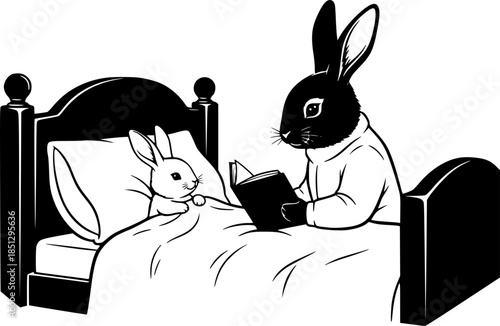 Mother rabbit reading a bedtime story to a baby bunny in a cozy bed vector silhouette isolated on white background
