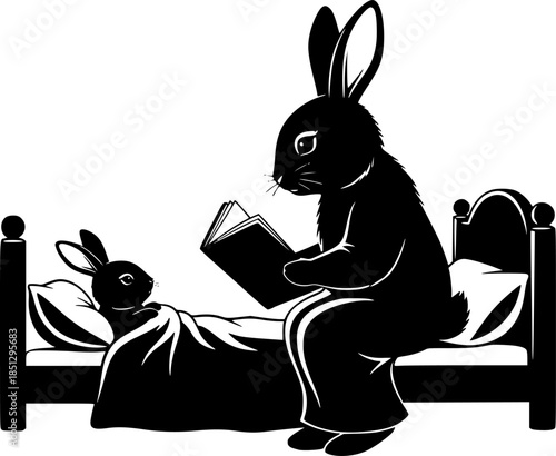 Mother rabbit reading a bedtime story to a baby bunny in a cozy bed vector silhouette isolated on white background
