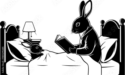 Mother rabbit reading a bedtime story to a baby bunny in a cozy bed vector silhouette isolated on white background

