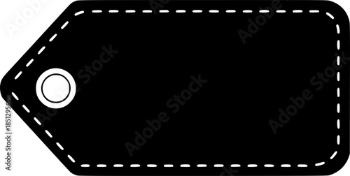 Black price tag vector silhouette icon with dashed stitching border and round hole isolated on white background

