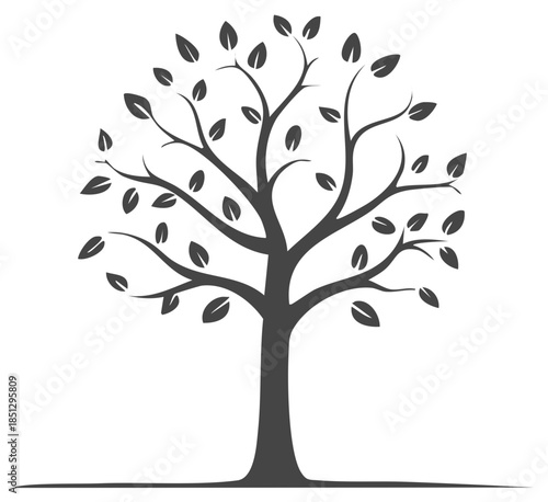 Stylized Silhouette of a Leafy Tree with Detailed Branches and Trunk