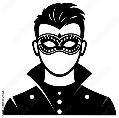 Portrait of a person in a mask, black and white illustration for social media designs