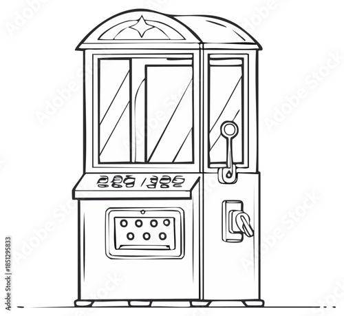 Cartoon drawing of a vintage claw machine with window display