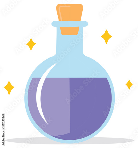 Cartoon Potion Vial with Purple Liquid and Stars, Magic Elixir in a Bottle, Illustration