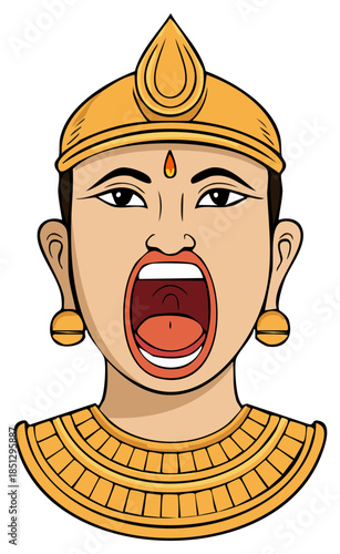 Dramatic Illustration of a Person Wearing a Golden Crown and Ornate Necklace Shouting