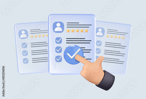 Hand interacting with transparent digital holographic documents and checklists in a futuristic interface, 3D vector on a white background, concept of technology and recruitment