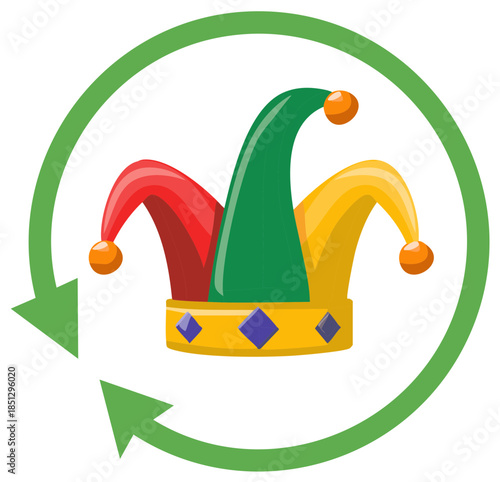 Colorful jester hat inside a green circular arrow symbol for a foolish cycle concept