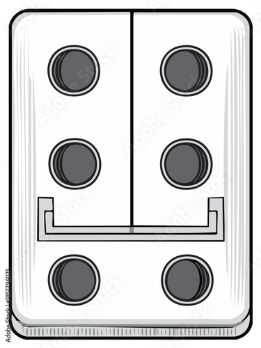 White game piece or domino illustration featuring six black pips and unique central pattern
