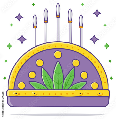 Decorative purple cushion with needles and green leaves