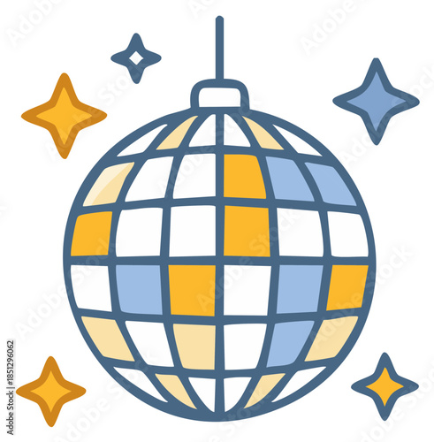 Sparkling Disco Ball Icon with Retro Party Atmosphere and Festive Star Accents
