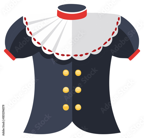 Stylized historical period costume with elaborate ruffled ruff collar short puffed sleeves and decorative gold buttons