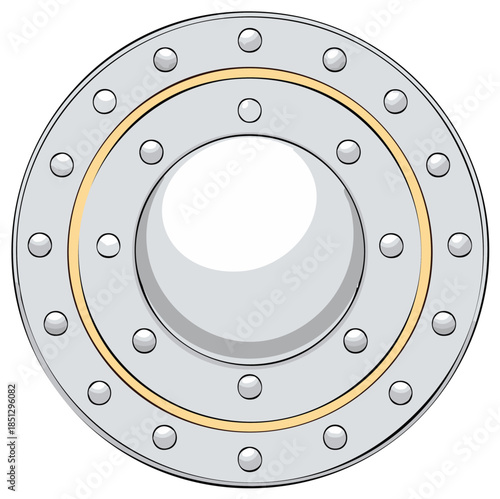 Round Metal Flange with Bolts and Gold Ring Illustration Industrial Mechanical Steel Circular Shape