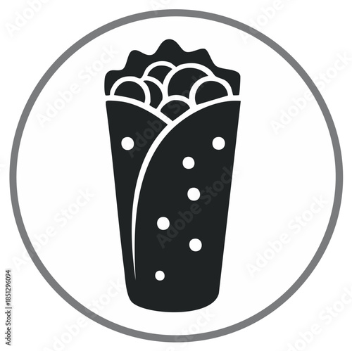 Black and white icon of a wrapped sandwich or burrito within a circle