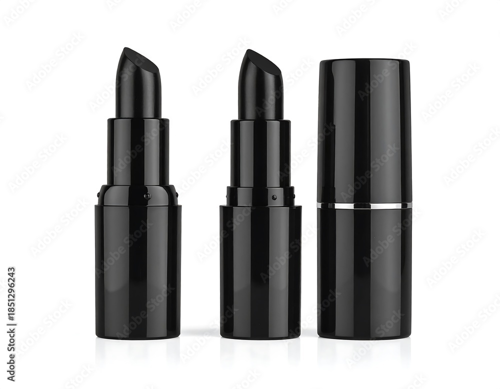 Obraz premium Three black lipstick tubes on a white background