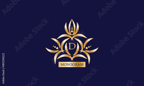 Monogram design template with letter D in the center and place for text. Elegant company branding, emblem, invitation, label, business sign.