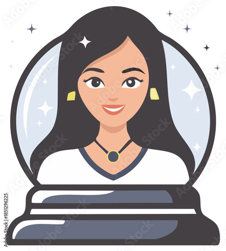 Illustration of a woman inside a fortune teller crystal ball, stars, predicting