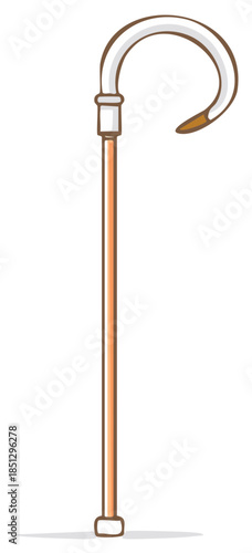 Vector illustration of a classic walking cane with a curved handle for mobility support