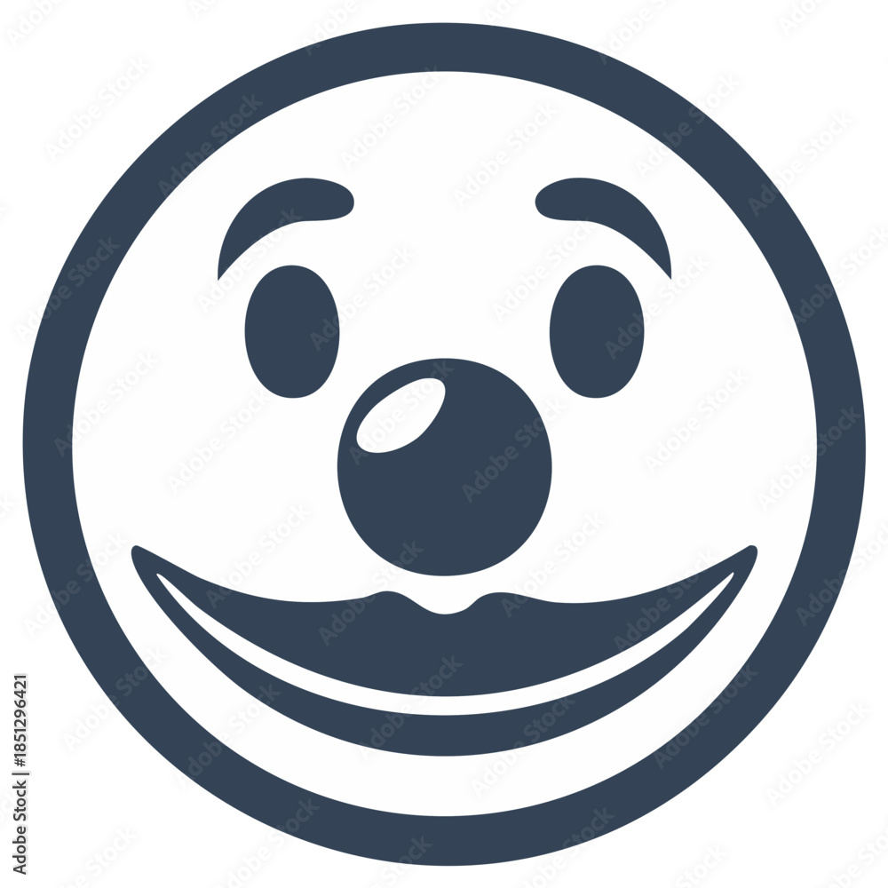 Fototapeta premium Simple Dark Blue Clown Face Icon with Big Smile and Red Nose