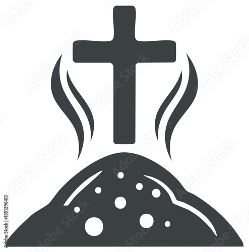 Christian cross rising from a grave mound with spiritual essence symbolising death and resurrection