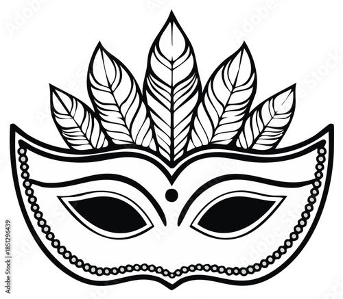 Ornate black and white carnival mask with decorative feathers and beads. Elegant masquerade vector illustration.