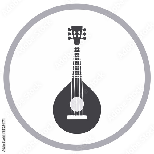 Isolated Stylized Image of Portuguese Mandolin in Gray Circle Frame for Musical Projects