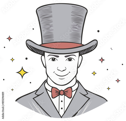 A charming magician in a top hat and bow tie smiling with sparkles around him