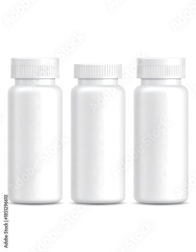 Three blank white pill bottles