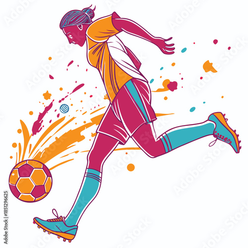Woman kicking soccer ball with energy and passion Vector