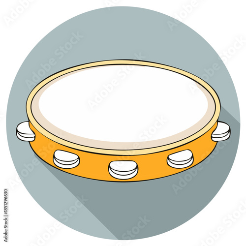 Cartoon tambourine musical percussion instrument flat design icon with long shadow