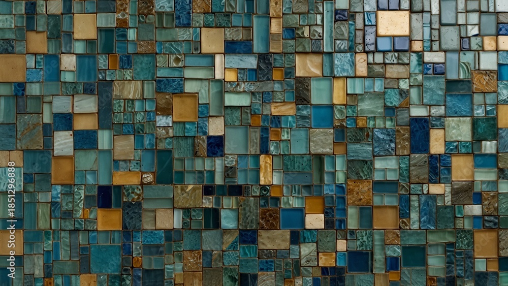 Fototapeta premium Modern design featuring wall made up of many different colored glass tiles - Generative AI