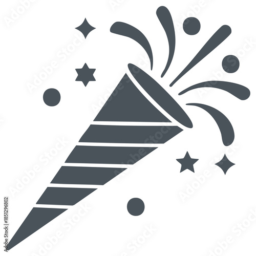 Celebration party popper icon with exploding confetti and stars design