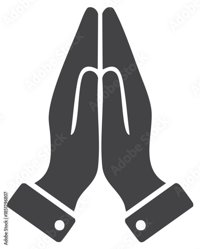 Two hands pressed together in prayer or greeting with cuffs visible