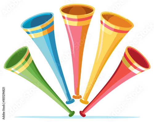 Colorful Vuvuzela Stadium Horns Illustration for Soccer Fans and Parties