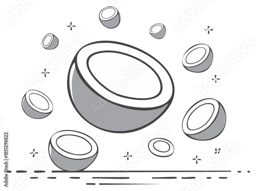 Illustration of flying halved coconuts with abstract decorative elements